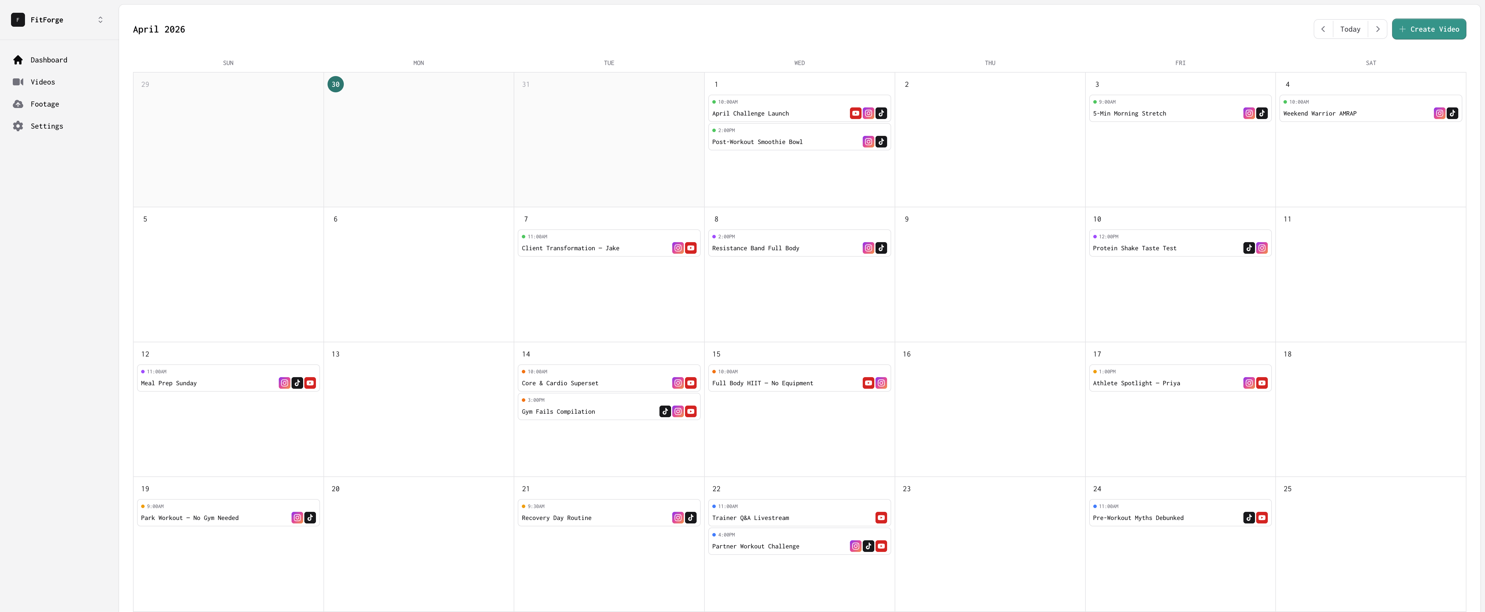 Dropin calendar view showing a content agency managing video schedules across platforms
