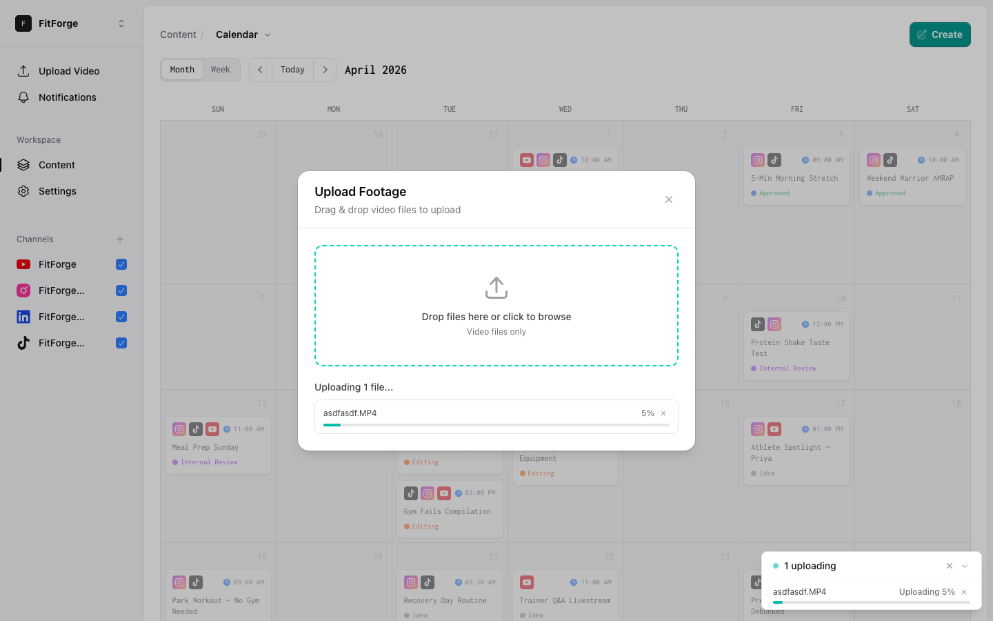 DropIn footage upload panel over the content calendar