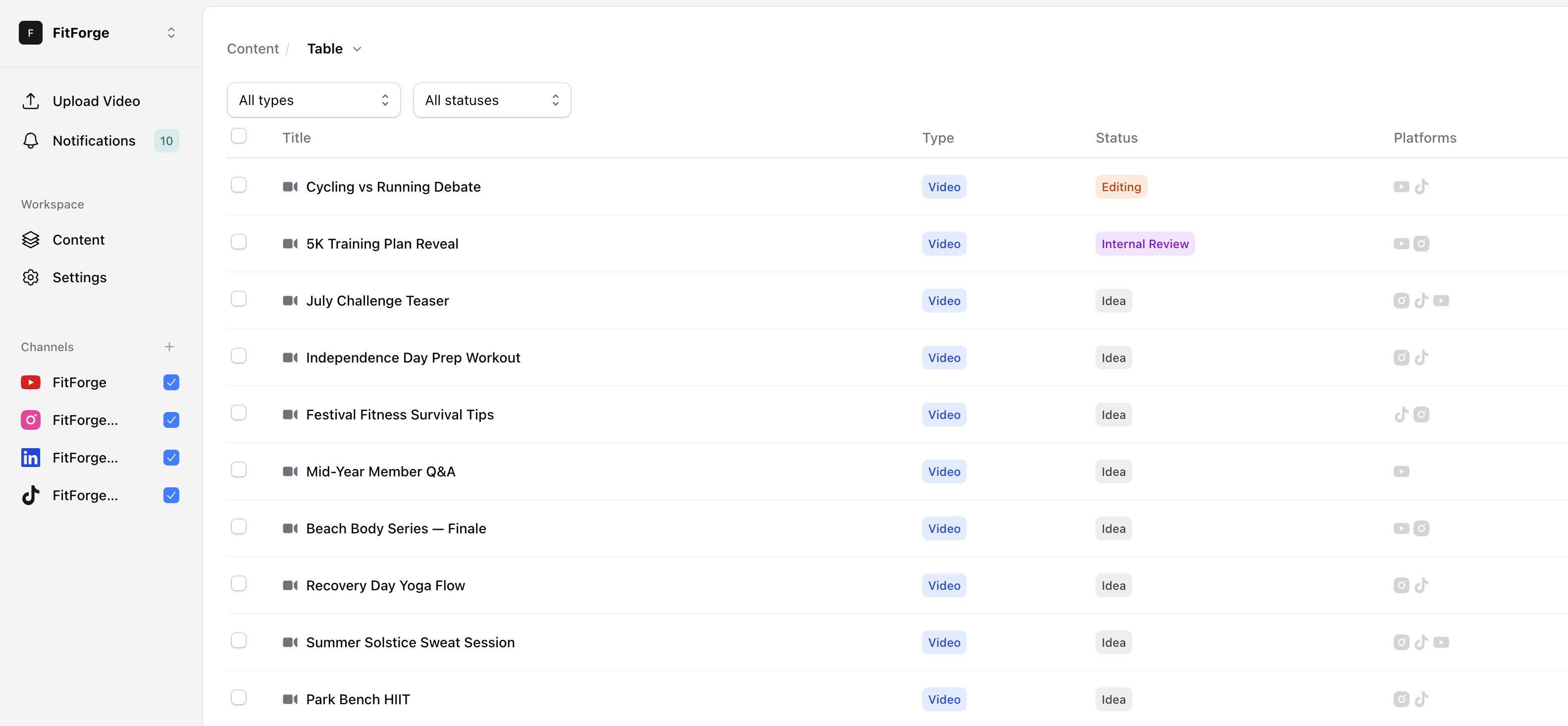 DropIn content table showing video workflow items